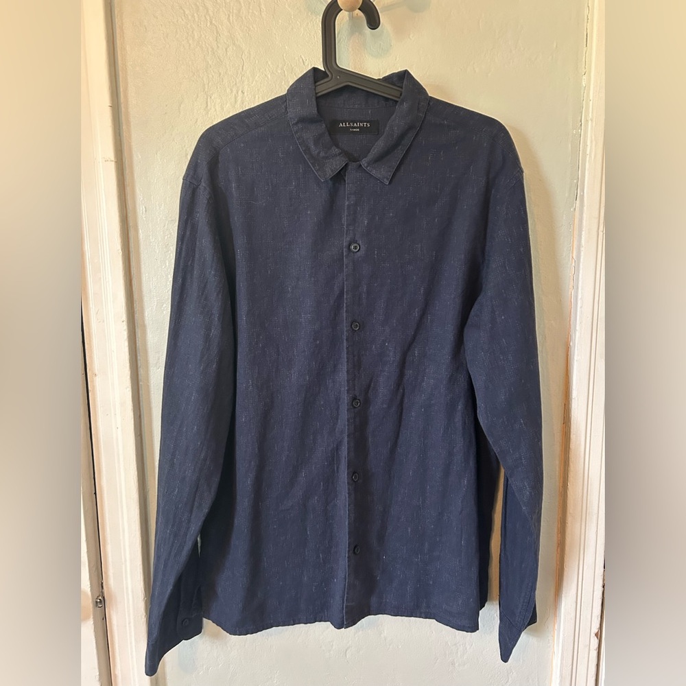 All Saints Chambray Dark Blue Collared Shirt
